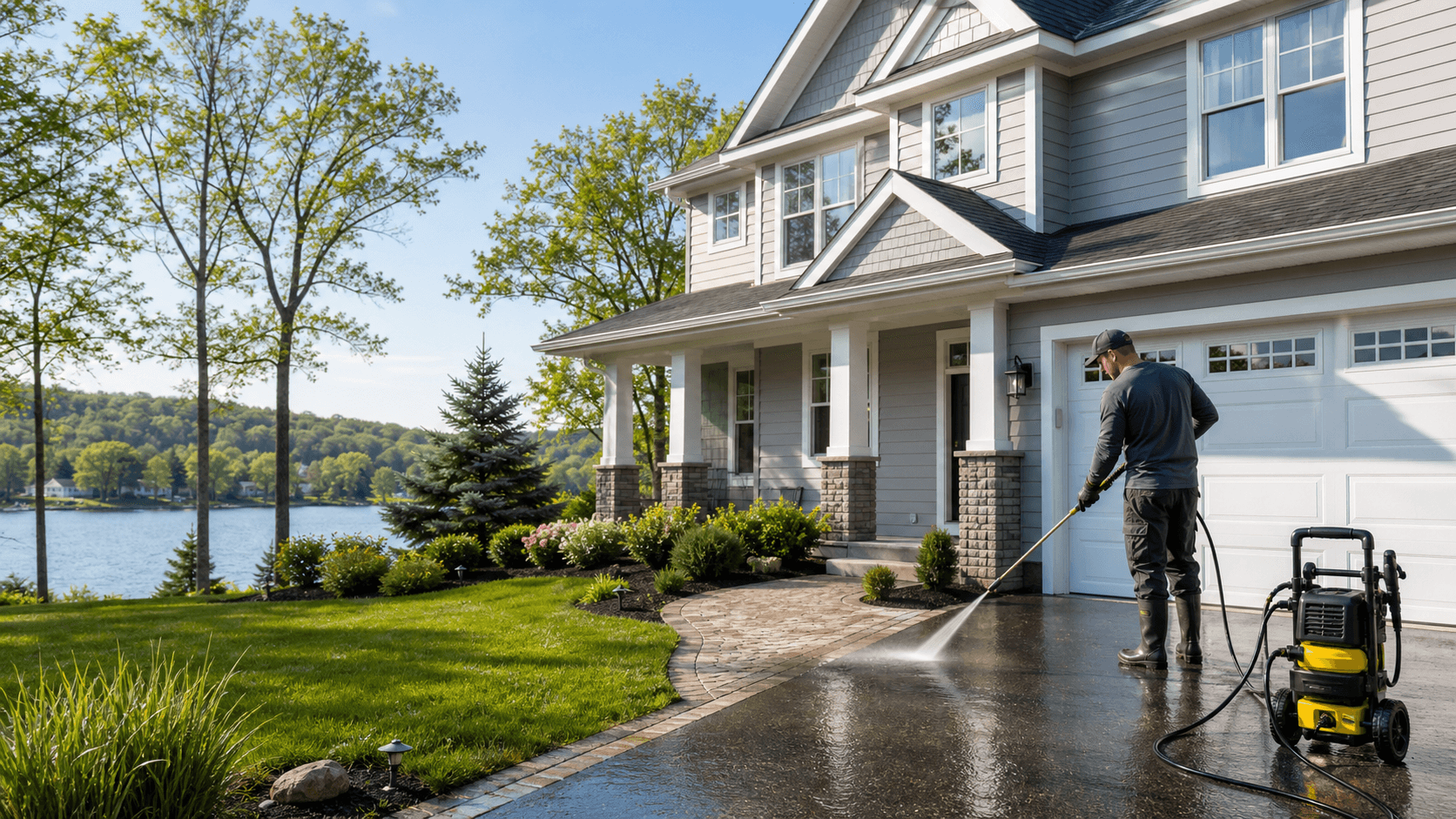 Illustrative pressure washing scene at a lake-area home