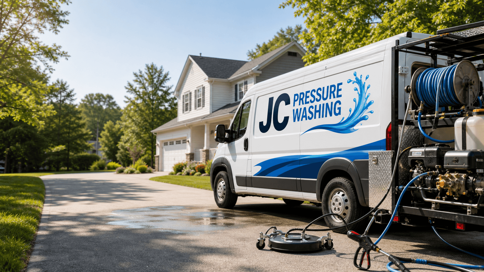 Generated JC Pressure Washing branded van and equipment staged as an illustrative residential driveway example