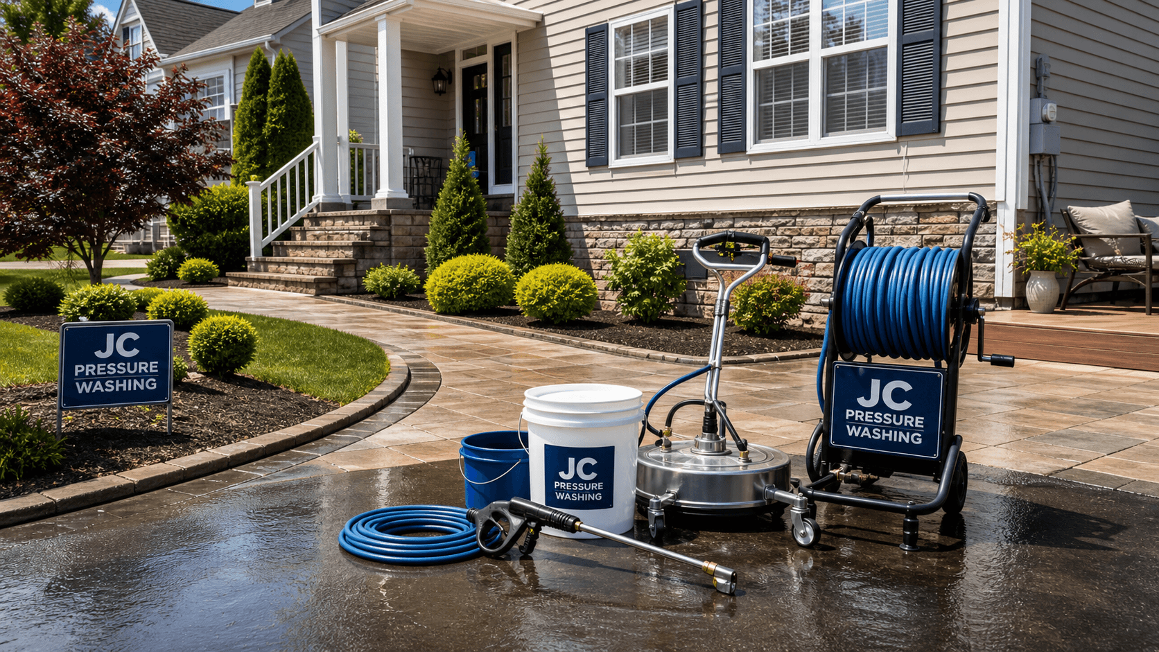 Generated JC Pressure Washing branded equipment staged near a clean driveway and front entry
