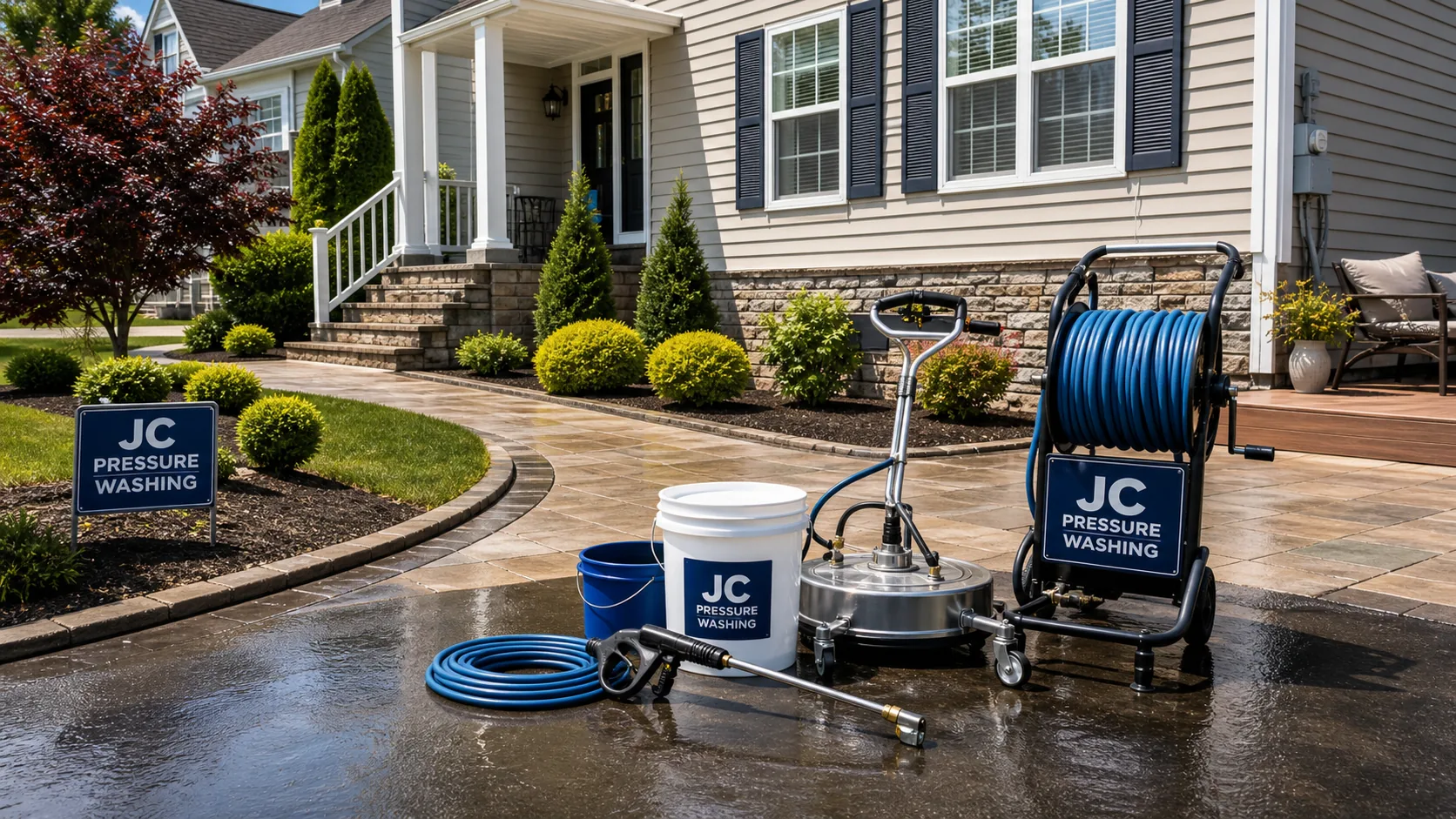 Generated JC Pressure Washing branded equipment staged near a clean driveway and front entry